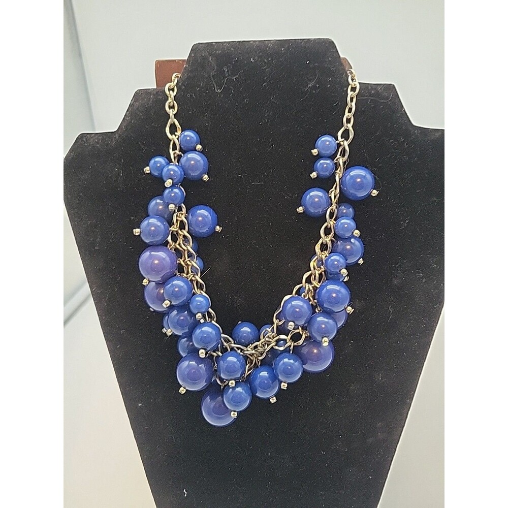 Colbalt Blue Bubble Necklace Statement Gold Tone Adjustable Navy